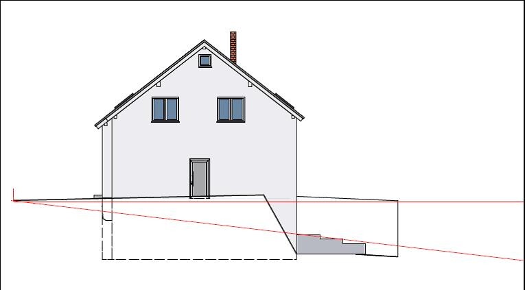 Side view of a house with foundation, basement stairs, and cross section drawing
