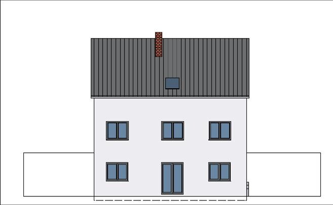 Front view of a two-storey house with roof, chimney, and windows – drawing