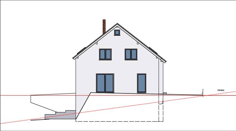 Section view of a house with foundation, basement and stairs on a slope.
