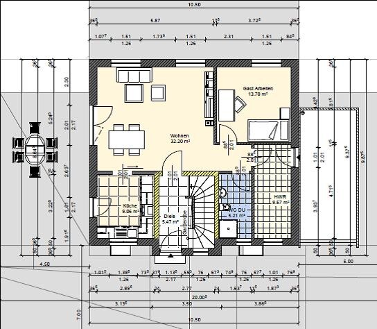 Floor plan of a house with living room, kitchen, hallway, guest room, bathroom, utility room and stairs.