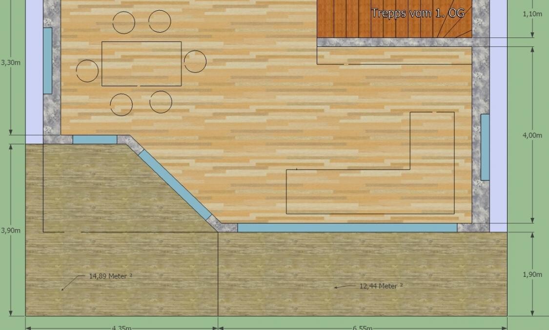 Floor plan of an interior with wooden floor, dining table and chairs, stairs from 1st upper floor.