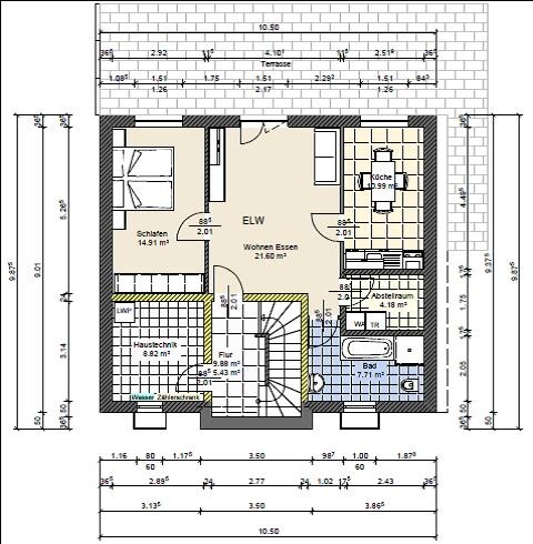 2D floor plan of a house with living and dining area, kitchen, bedroom, bathroom and corridor