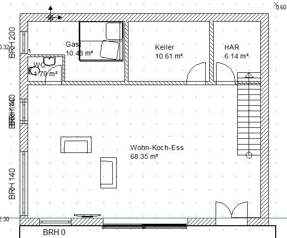 Floor plan of a house: open living-cooking-dining area, WC, basement, utility room, gas/bedroom, and stairs.