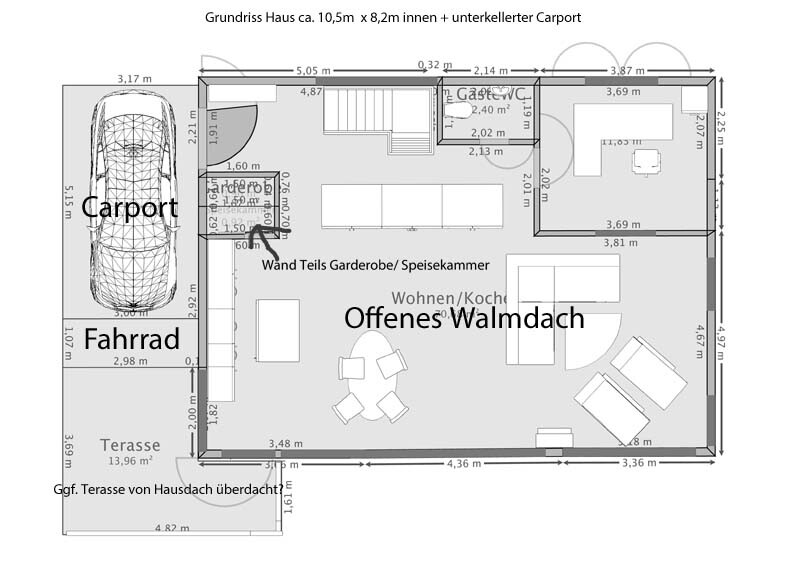 House floor plan: open hipped roof, carport, bicycle, terrace, living/kitchen area.