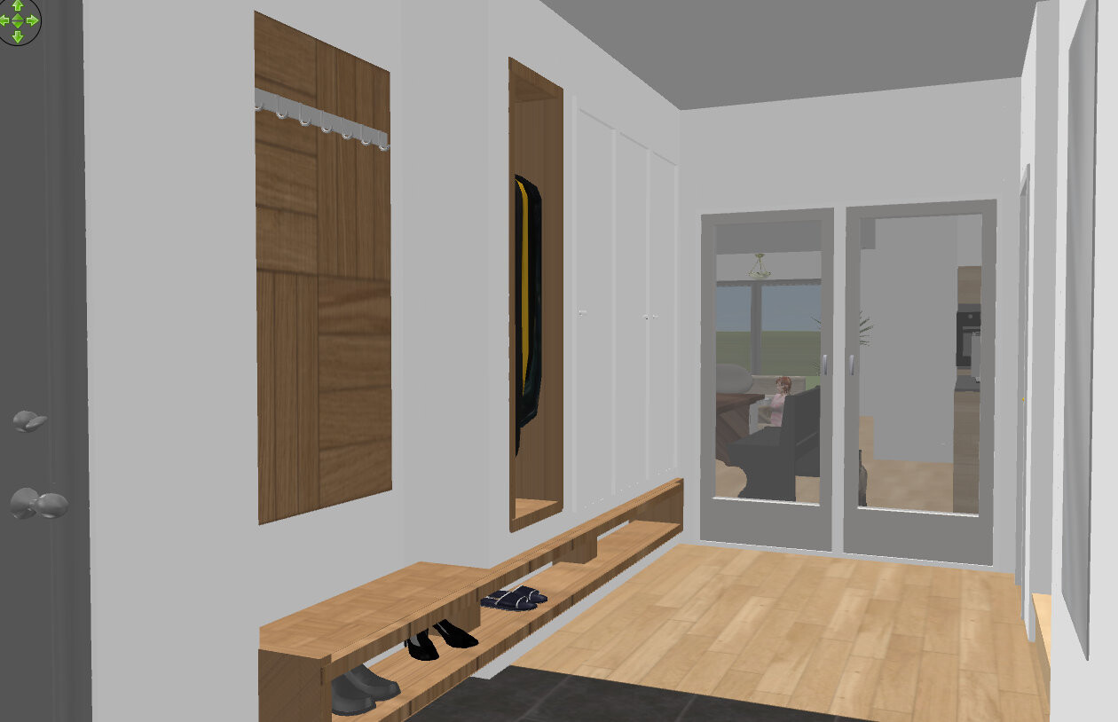 Bright hallway with wardrobe, shoe bench, and glass doors to the living room.