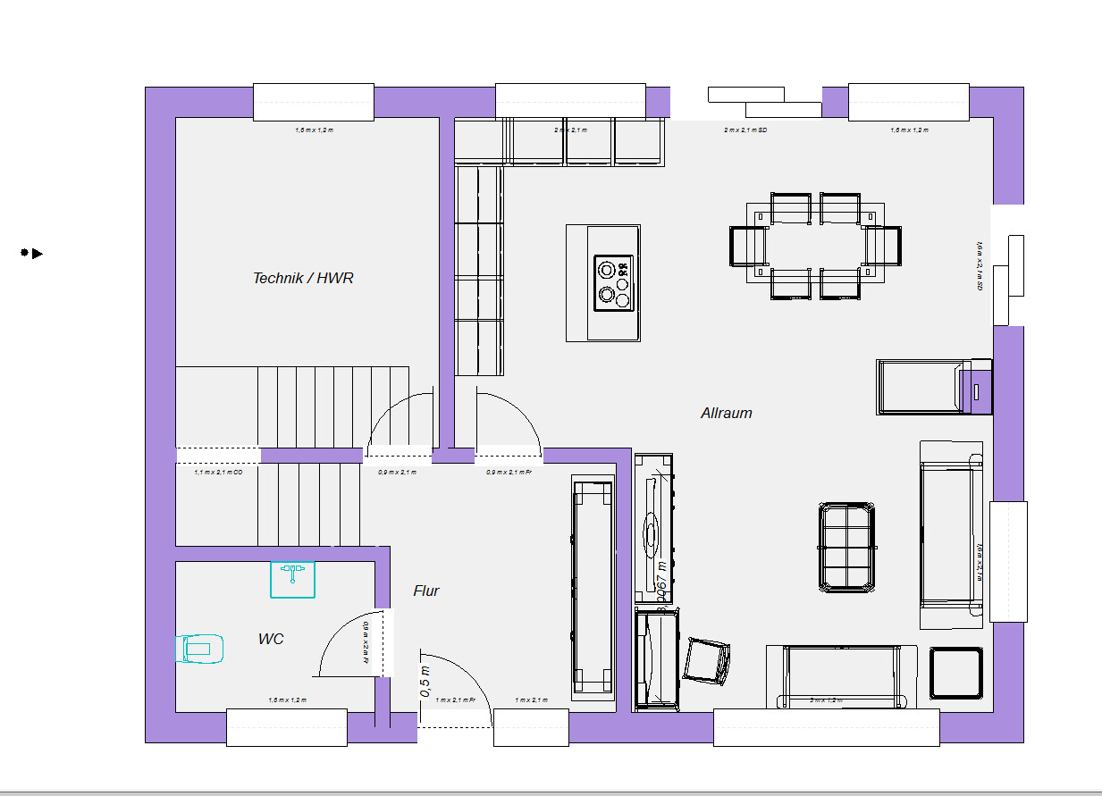 Floor plan of a living area with kitchen, island, dining table, sofa, hallway, WC, and utility room.