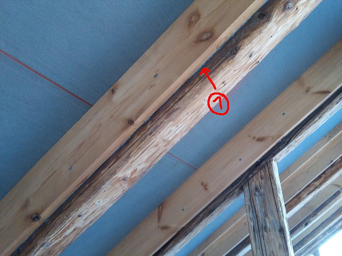Wood beams in shell construction with marked defect area