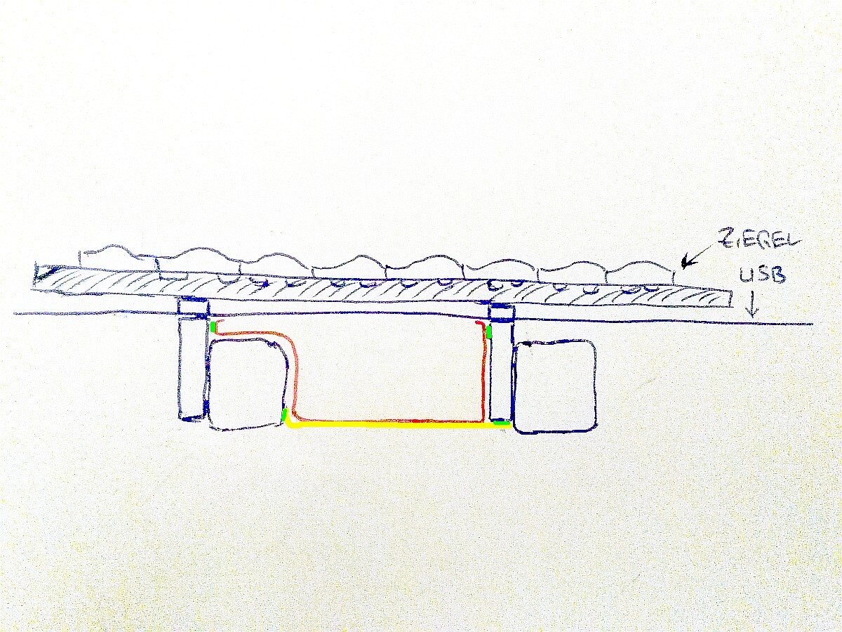 Sketch of underfloor heating with pipe layout under the floor and screed