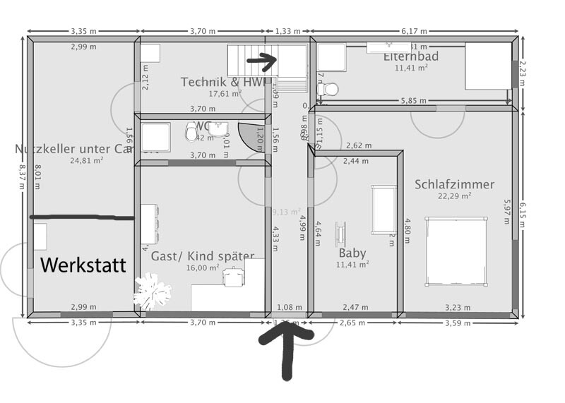 House floor plan with workshop, guest/child room, baby room, bedroom, technical/utility room, master bathroom, entrance.