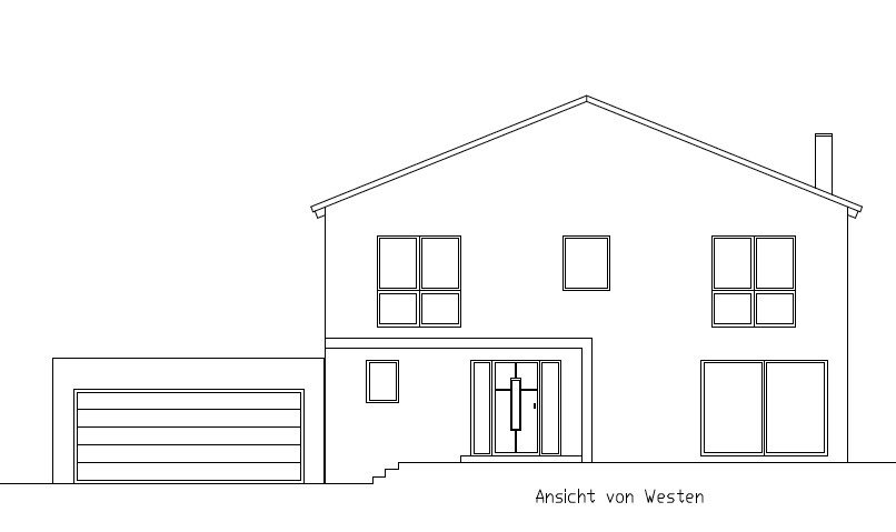 Two-story house with garage on the left, stairs to the door, windows, chimney – west view.