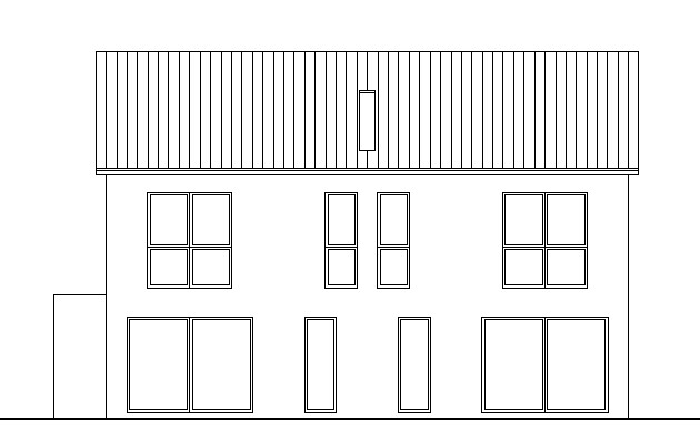 Two-story residential house with gable roof, several windows and doors – front view.