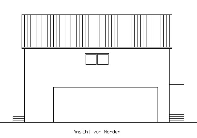 View from the north: two-story house with large garage door, small row of windows, and steps.