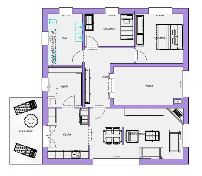 Floor plan of a house: terrace, kitchen, utility room, bathroom, hallway, stairs, bedrooms, living room.