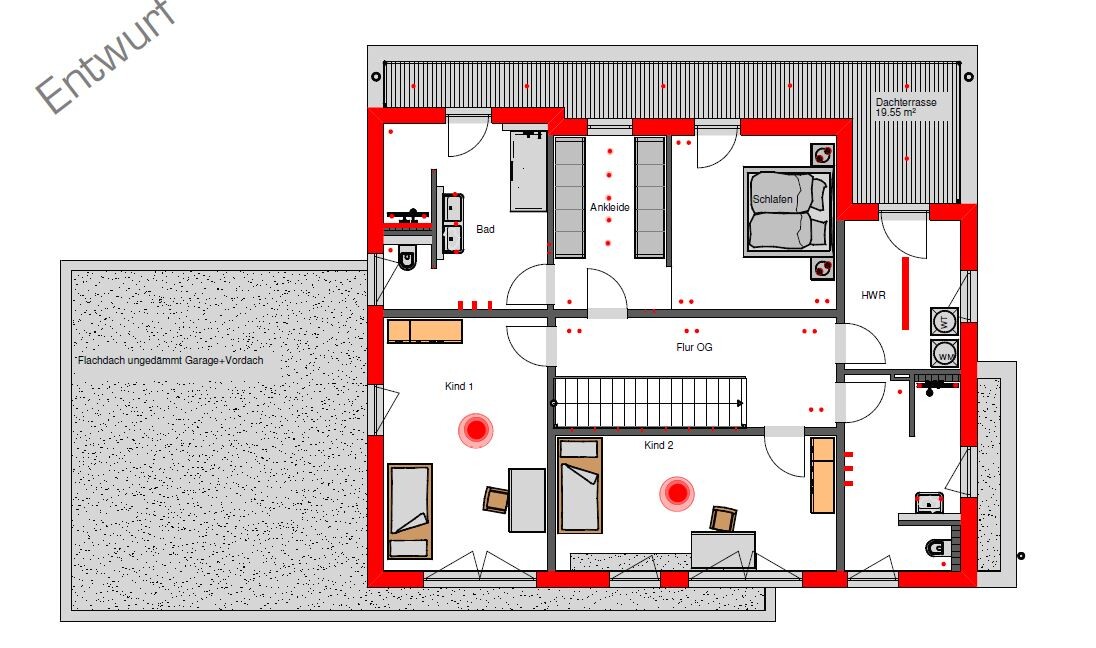 Grundriss eines OG mit Schlafzimmer, 2 Kinderzimmer, Bad, Ankleide, Flur, HWR, Dachterrasse.