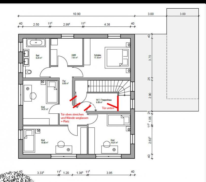 Floor plan of a residential house with bathroom, hallway, bedrooms, children’s rooms, and staircase.