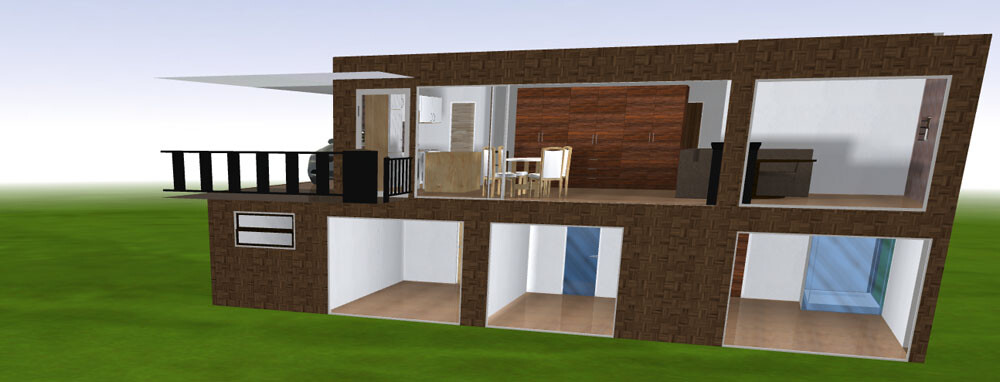 Two-story brown brick house with balcony; upper floor: kitchen/dining area, downstairs three open rooms.