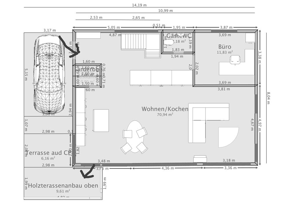 Floor plan of a house: car in garage on the left, open living/kitchen area, office, terrace.