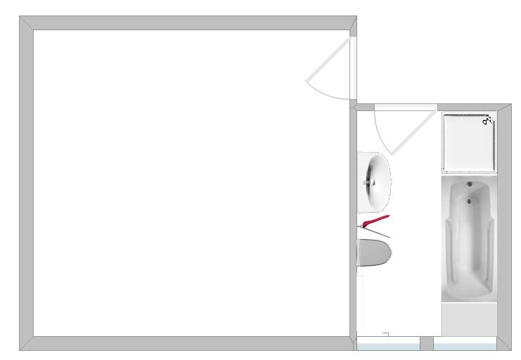 Grundriss eines Badezimmers mit Waschbecken, Toilette und Badewanne