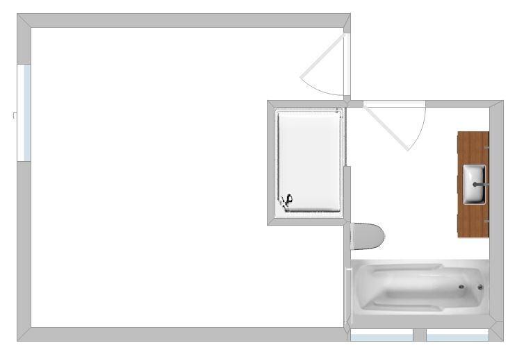 Grundriss eines Badezimmers mit Dusche, Toilette und Badewanne