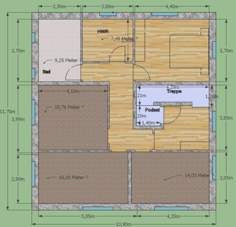 Floor plan of a house with rooms, stairs, doors and dimensions.