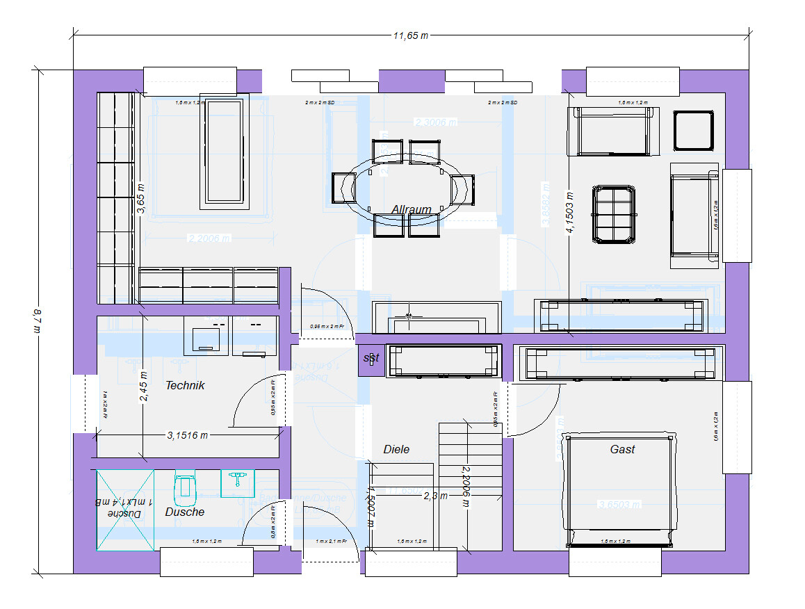 Floor plan of an apartment: hallway, utility room, shower, guest room, open living area with round dining table