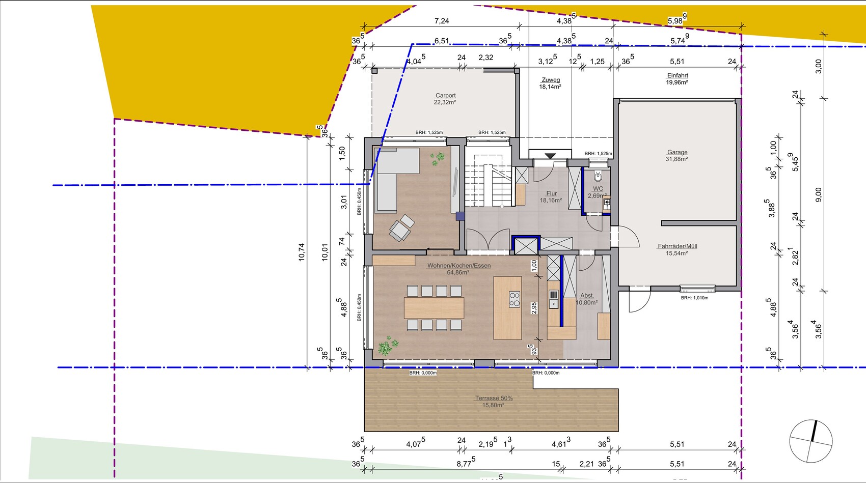 Single-family house floor plan with living room, kitchen, hallway, garage, and terrace
