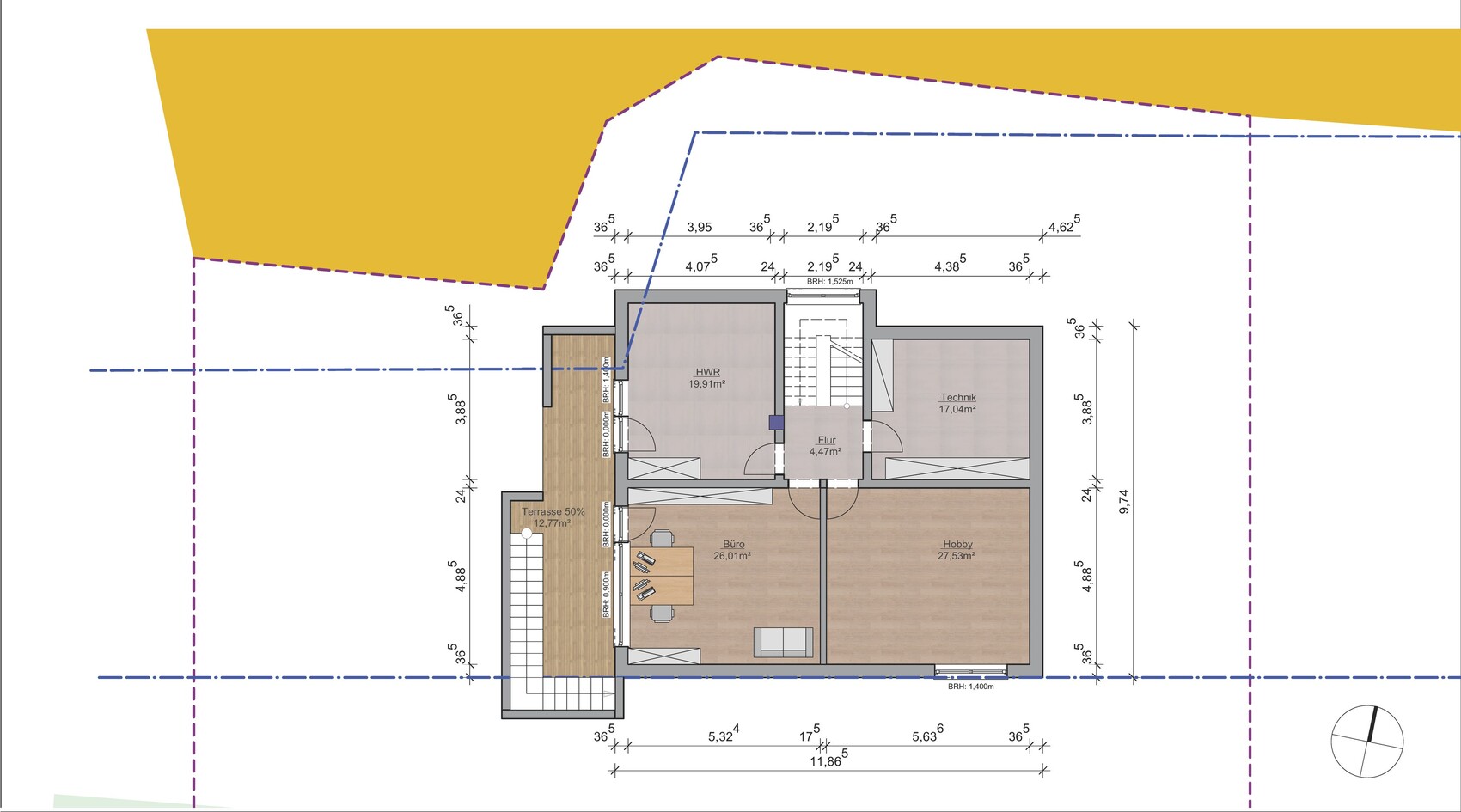 2D floor plan of a house with rooms, hallway and terrace