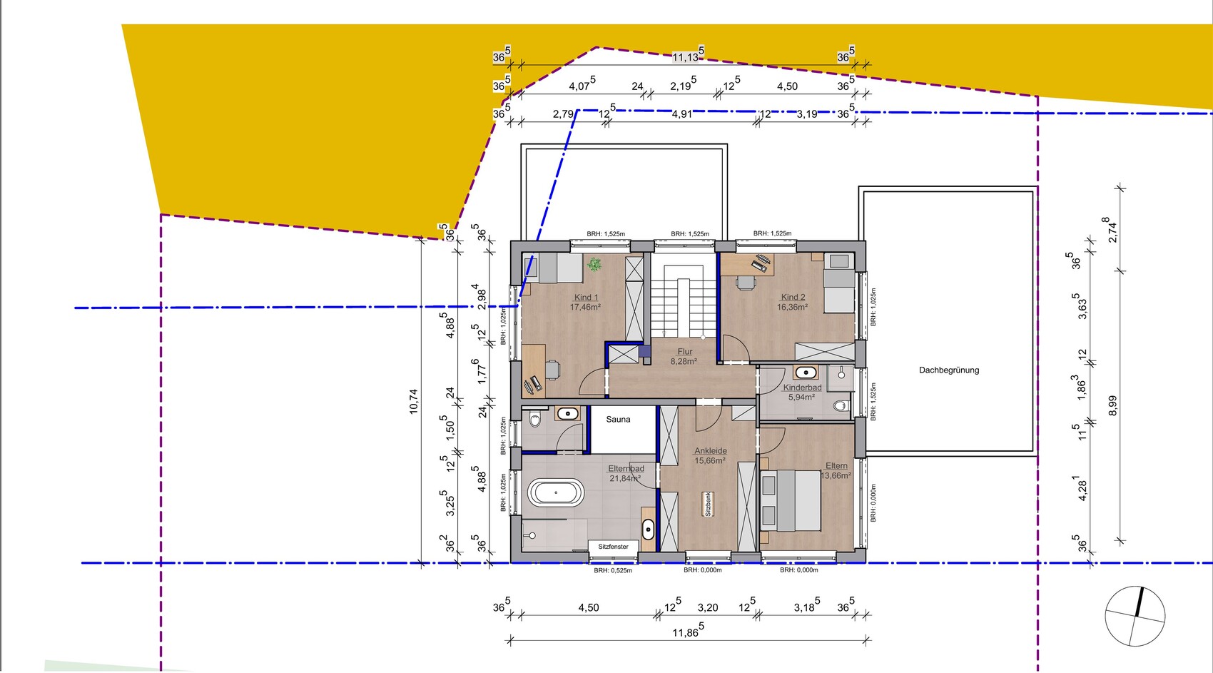 2D floor plan of a house with bedrooms, bath, sauna and stairs