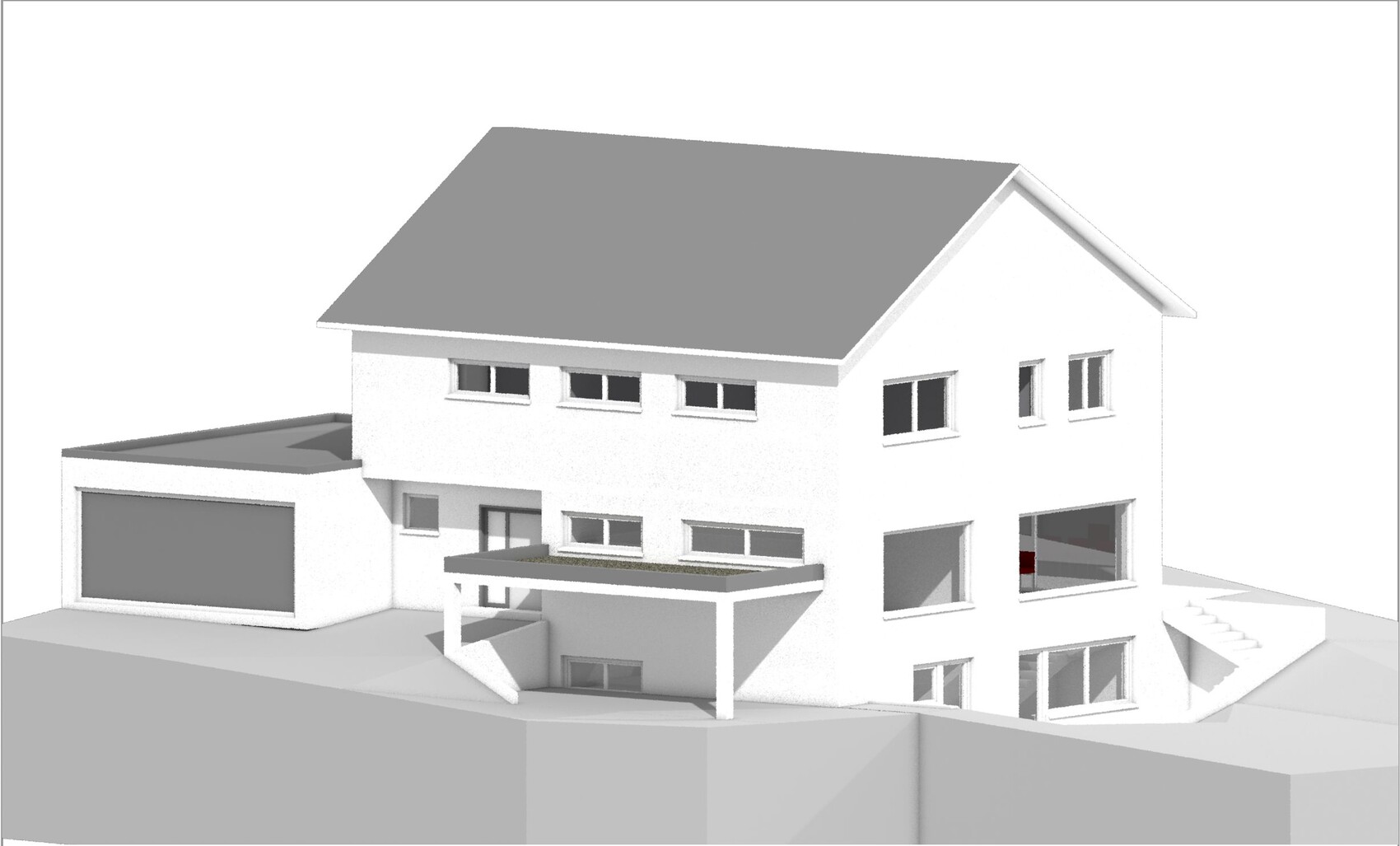 3D model of a white, two-story house with garage and exterior stairs.
