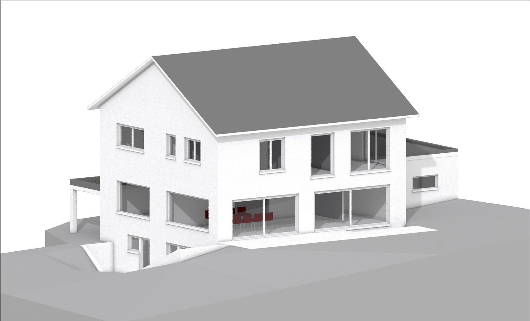 Modern two-story villa on a slope with gray gable roof and large window fronts.
