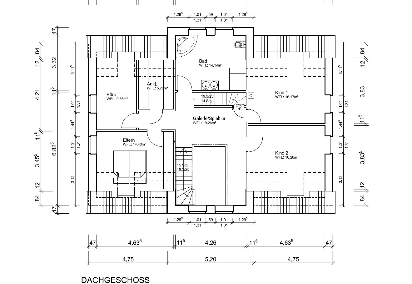 Dachgeschoss Grundrissplan mit Elternzimmer, Kind 1, Bad, Büro und Treppen