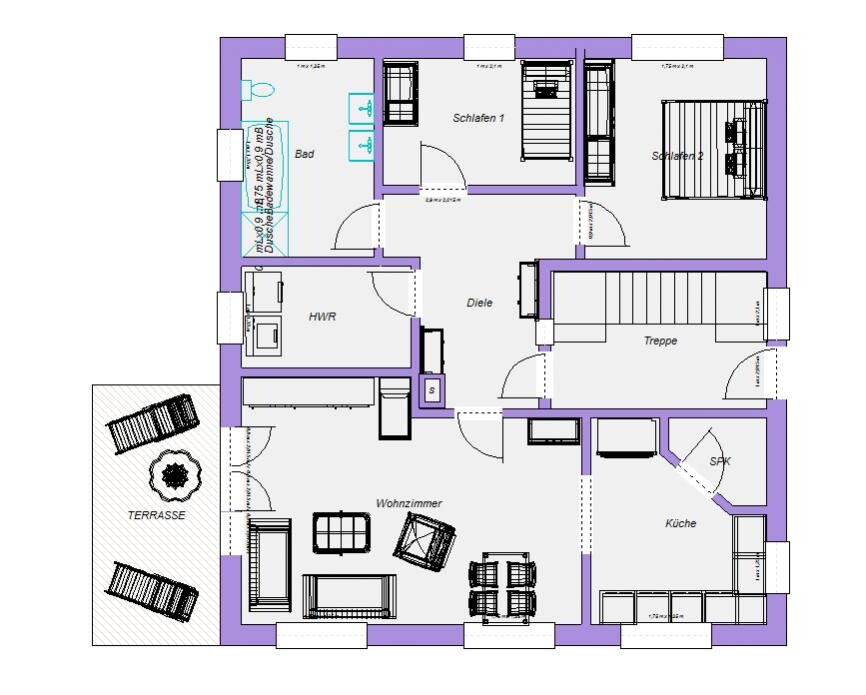Floor plan of a house: living room, kitchen, bathroom, 2 bedrooms, hallway, stairs, terrace.