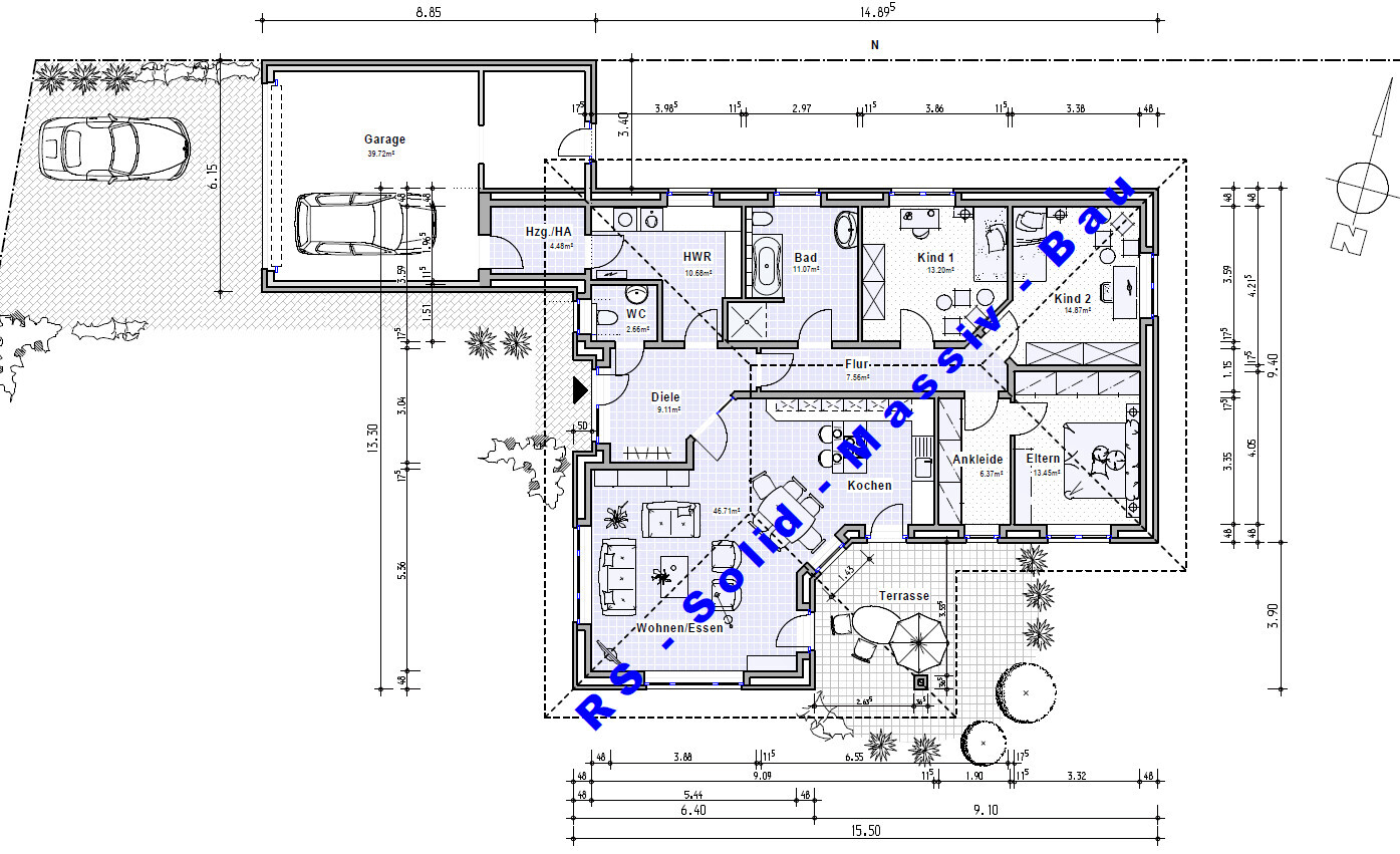 Floor plan of a residential house with garage, terrace, kitchen, and bedroom