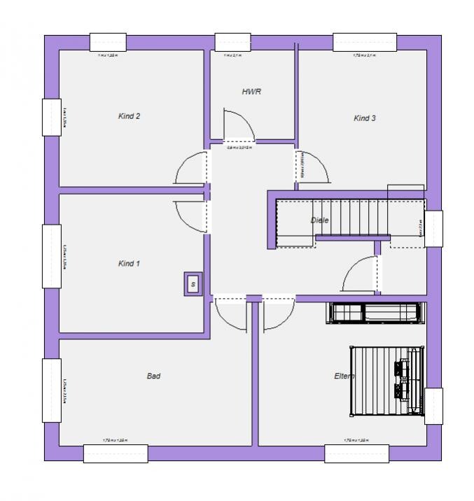 Floor plan of a house: corridor/hallway, stairwell, parents, children 1-3, bathroom, utility room.