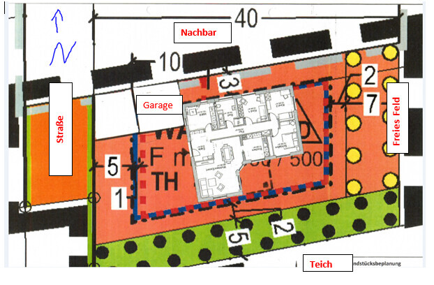 Site plan of a building plot with house floor plan, garage, street, pond, and garden areas.