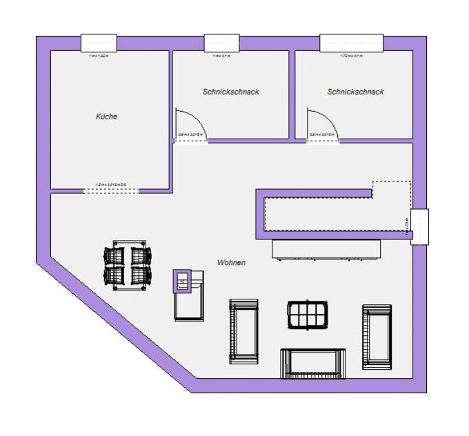 Floor plan of an apartment: kitchen on the left, living room with furniture, two small rooms upstairs.
