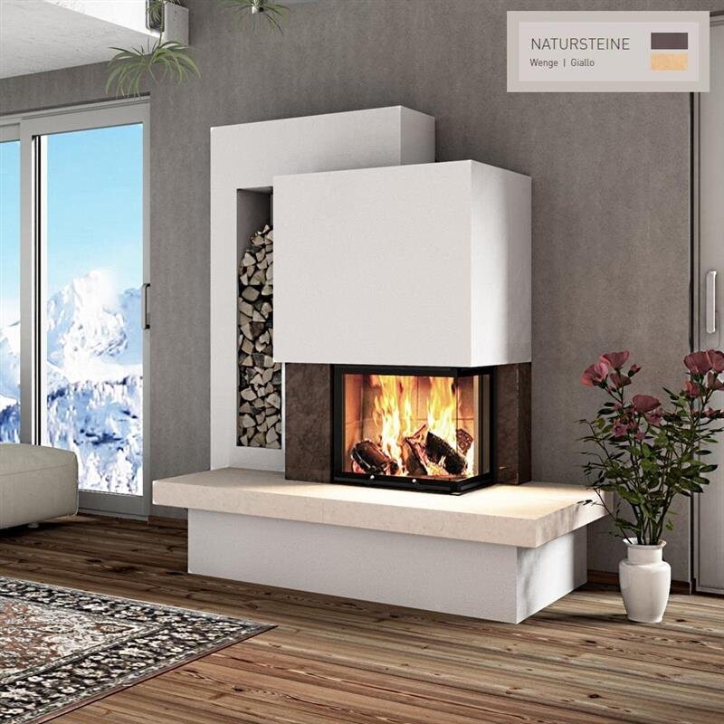 Modernes Wohnzimmer mit Kamin, Steinverkleidung, Holzvorrat und Pflanze