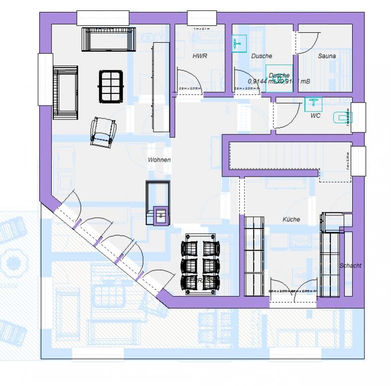 House floor plan: living room, kitchen, dining area, sauna, shower, toilet, utility room.