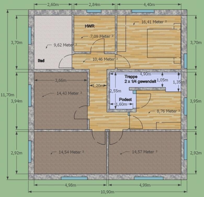 Floor plan of a house with bathroom, utility room, stairs and landing; two rooms, dimensions shown.