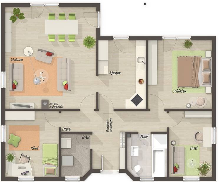 Floor plan of an apartment: living room, kitchen, bathroom, hallway, bedroom, children’s and guest rooms.