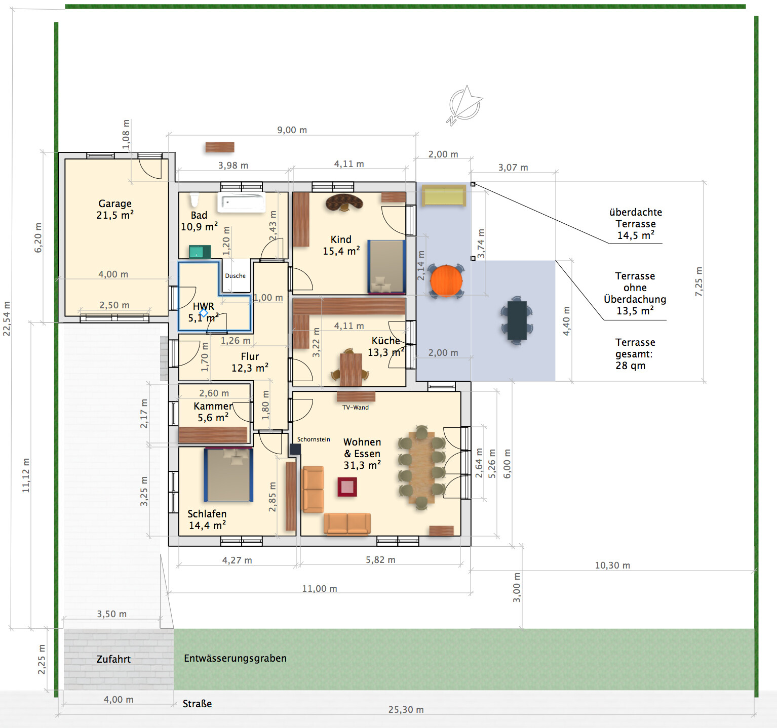 Floor plan of a detached house with garage, kitchen, living room, bedroom, child’s room, bathroom, and terrace.