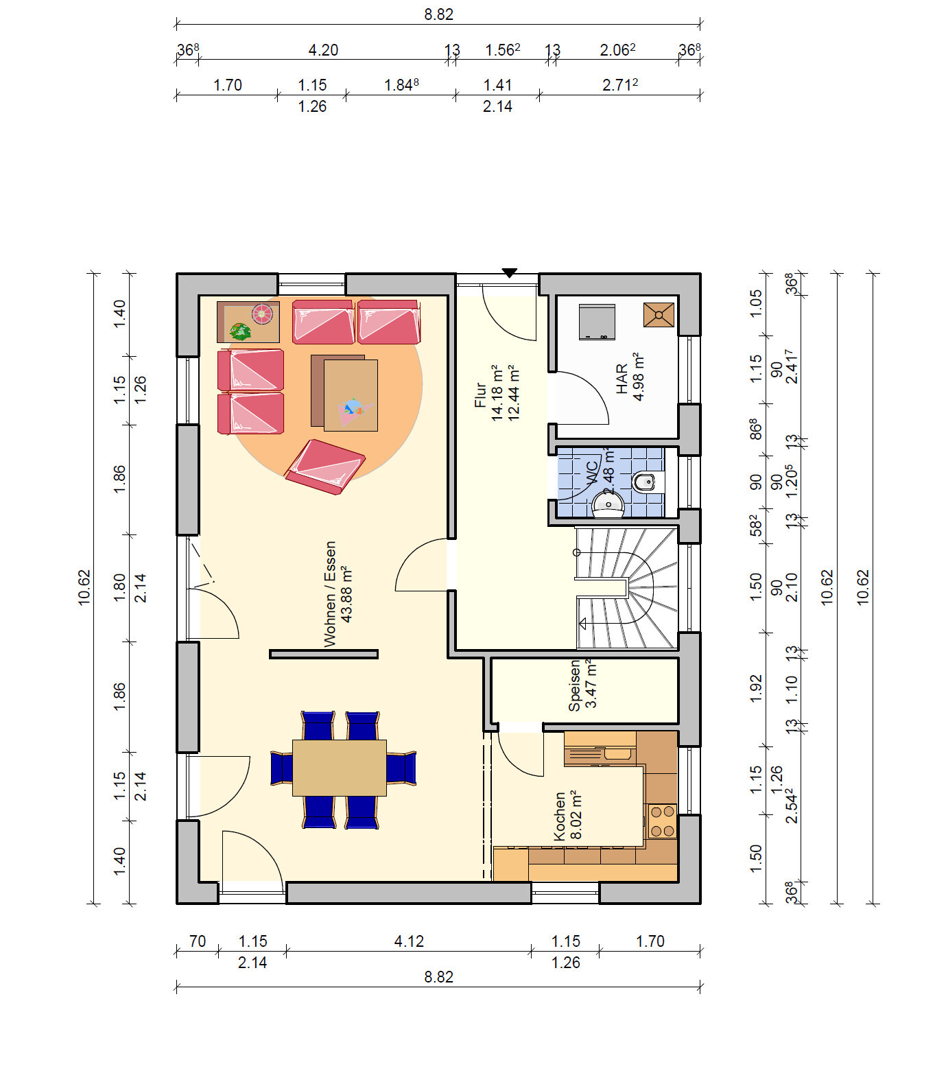 Grundriss eines Hauses mit Wohnzimmer, Küche, Essbereich, Bad, Flur und Treppenhaus