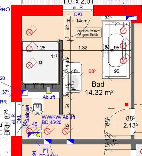 Grundriss eines Badezimmers (14,32 m²) mit Badewanne, WC und Waschbecken