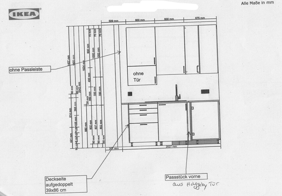 2D kitchen floor plan with dimensions and fronts, IKEA planning