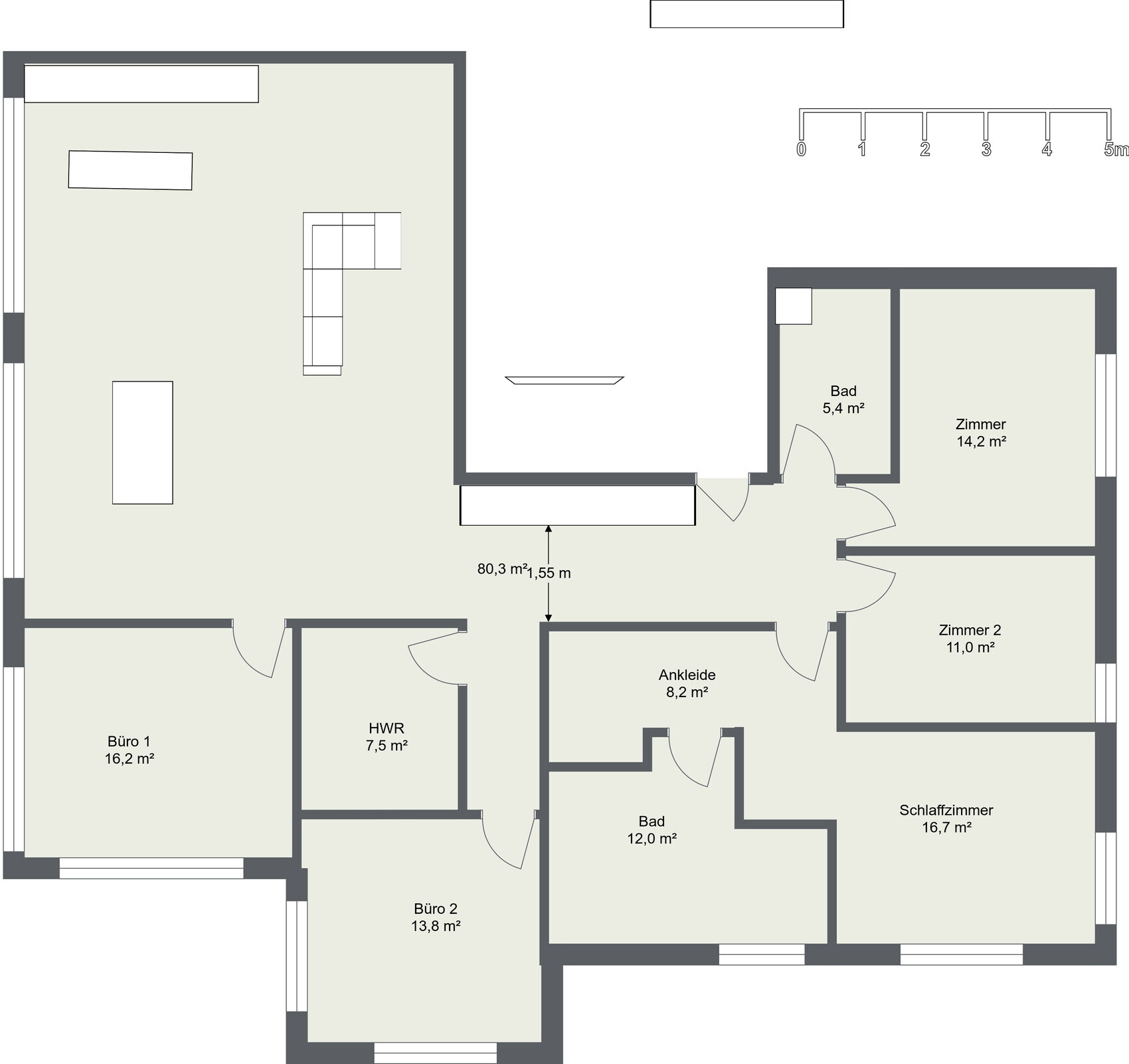 Floor plan of a house with multiple rooms, offices, bathroom and walk-in closet