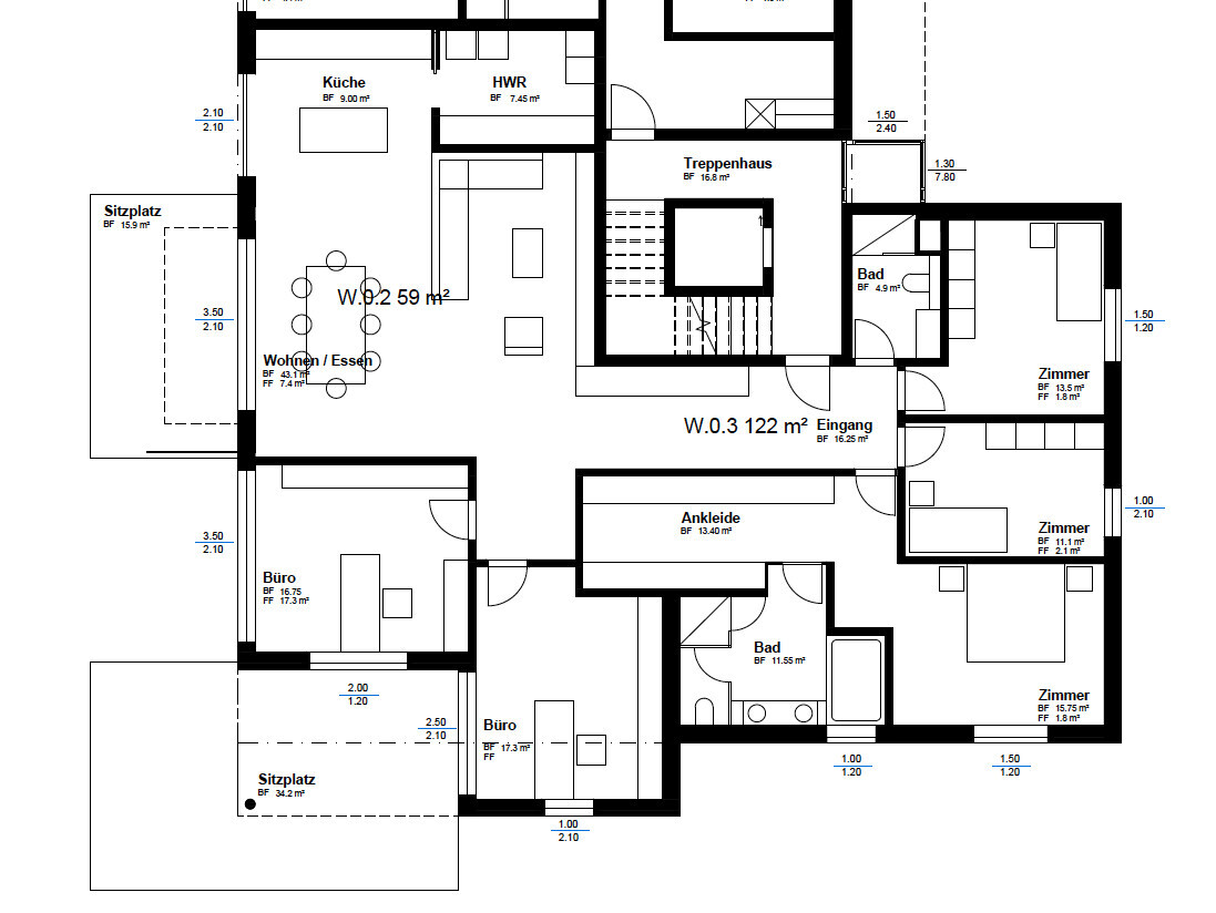 2D floor plan of a house with kitchen, living area, staircase, entrance and bathroom.