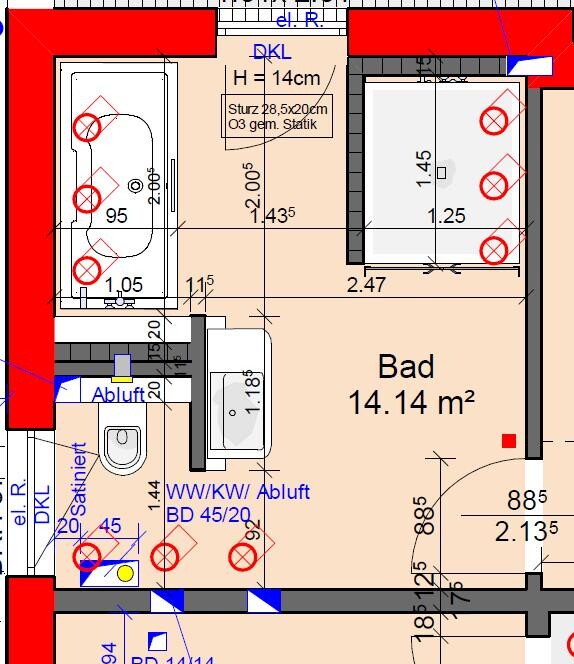 Grundriss eines Badezimmers: Badewanne links, Toilette, Dusche, Waschbecken, Gesamtfläche 14,14 m²