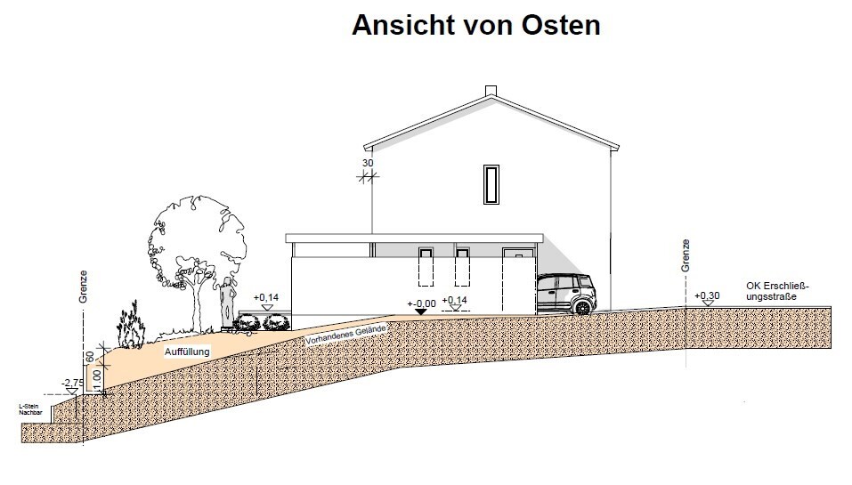 Section view of a house with site, driveway, and carport, east elevation