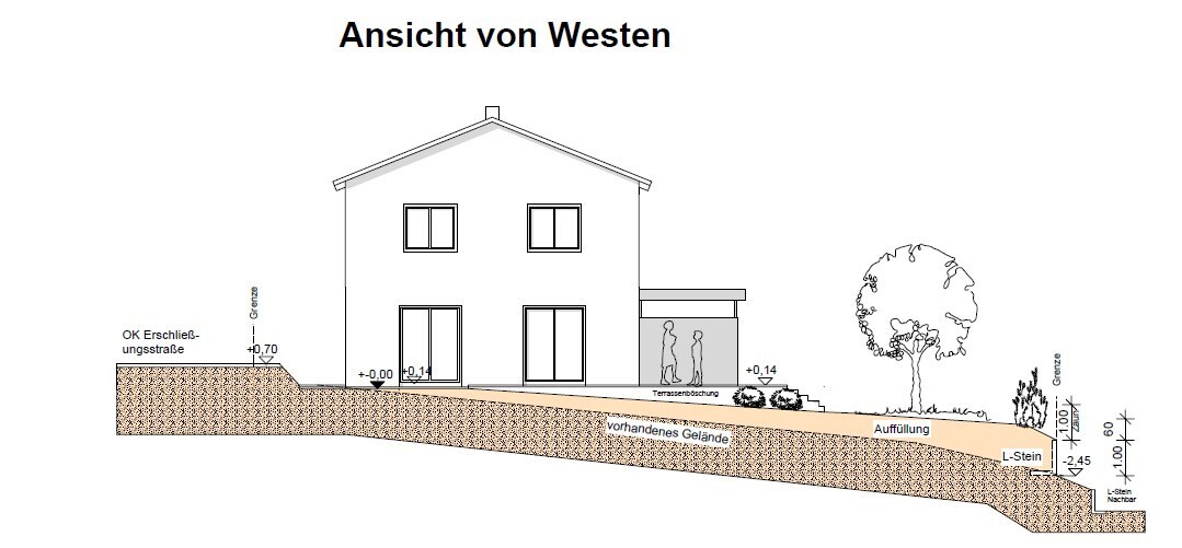 West elevation of a two-story house with terrace.