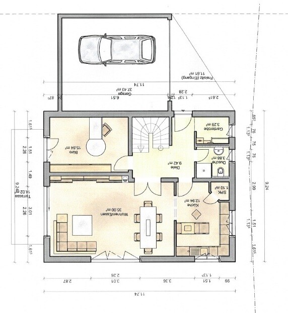 Grundriss eines Einfamilienhauses mit Garage (Auto), Treppenhaus, Wohn-, Ess- und Küchenbereich.